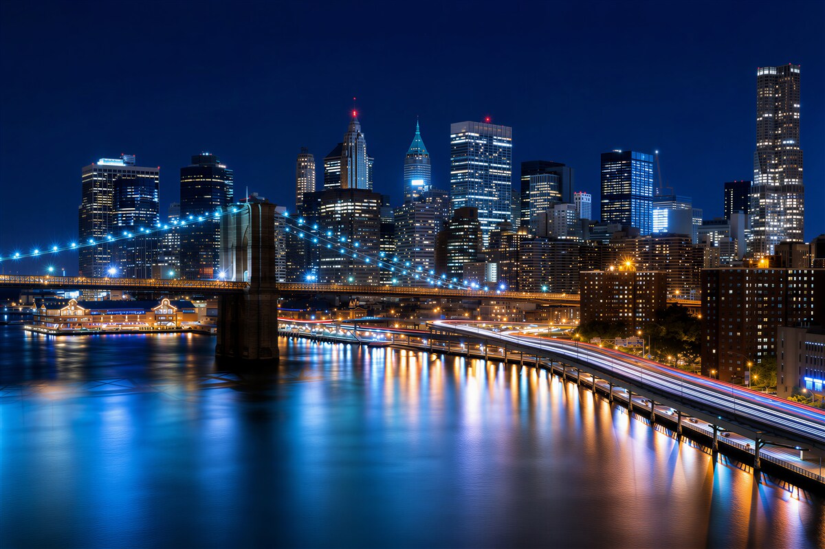 Fototapeten Beleuchteter Pier in Manhattan bei Nacht