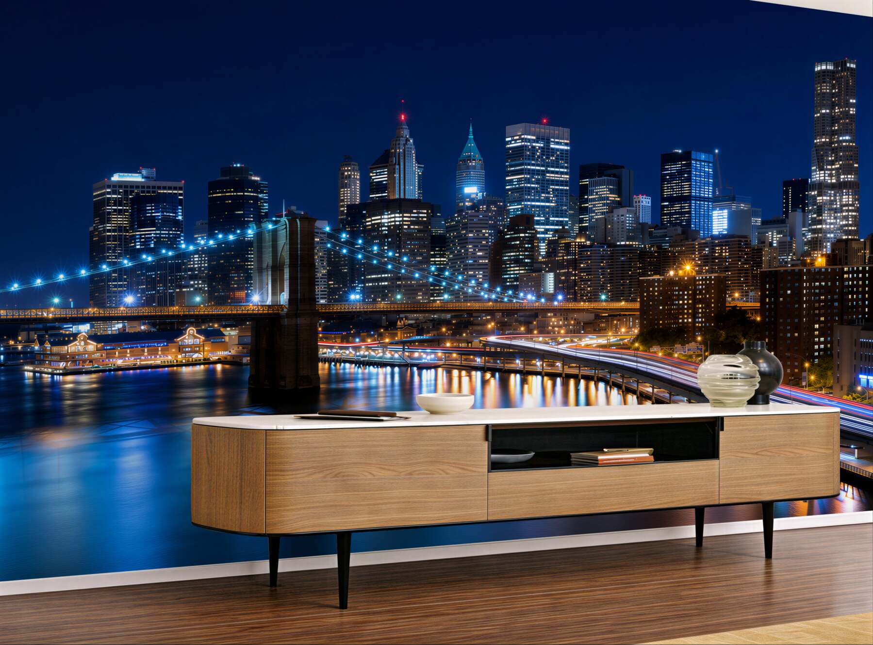 Fototapeten Beleuchteter Pier in Manhattan bei Nacht