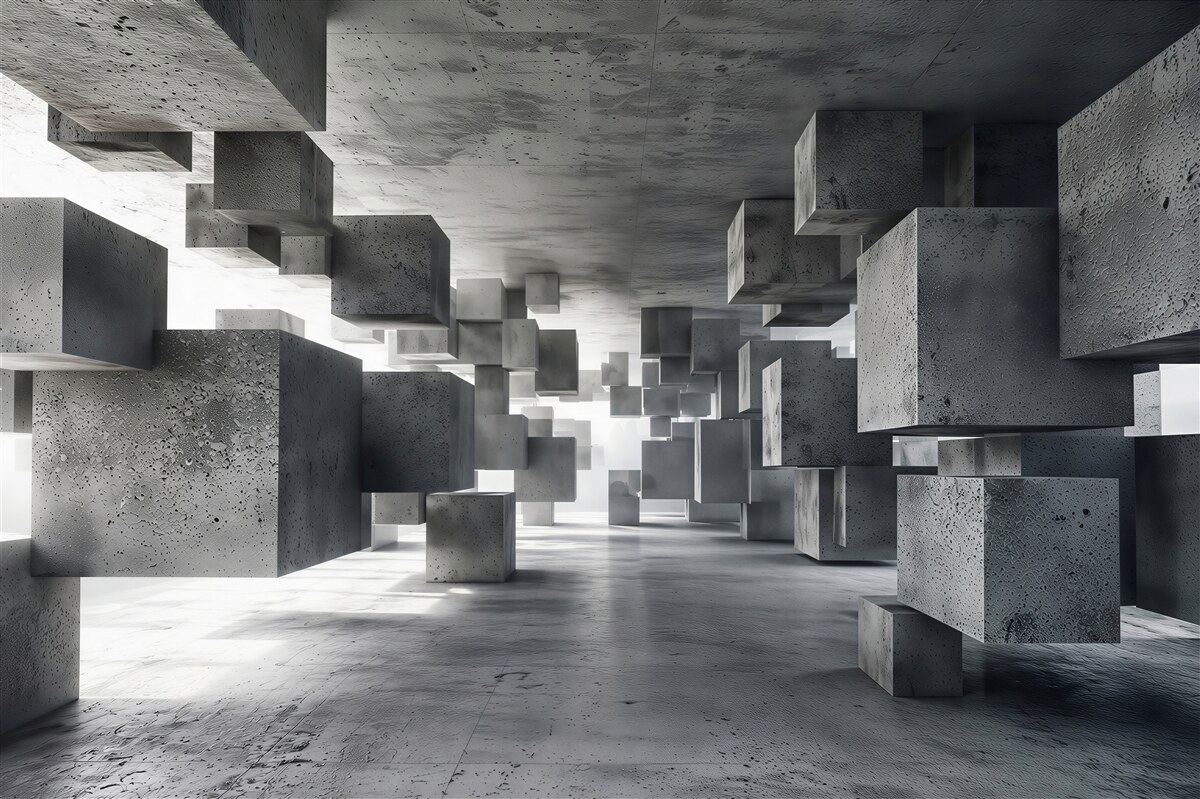 Fototapeten schwebende graue Würfel in einem zurückweichenden Tunnel