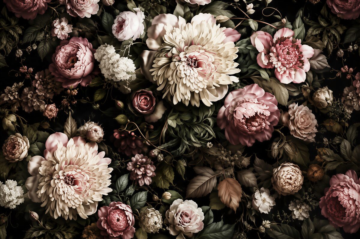 Fototapeten schöne Sträuße mit verschiedenen Blumen in dunklen Tönen