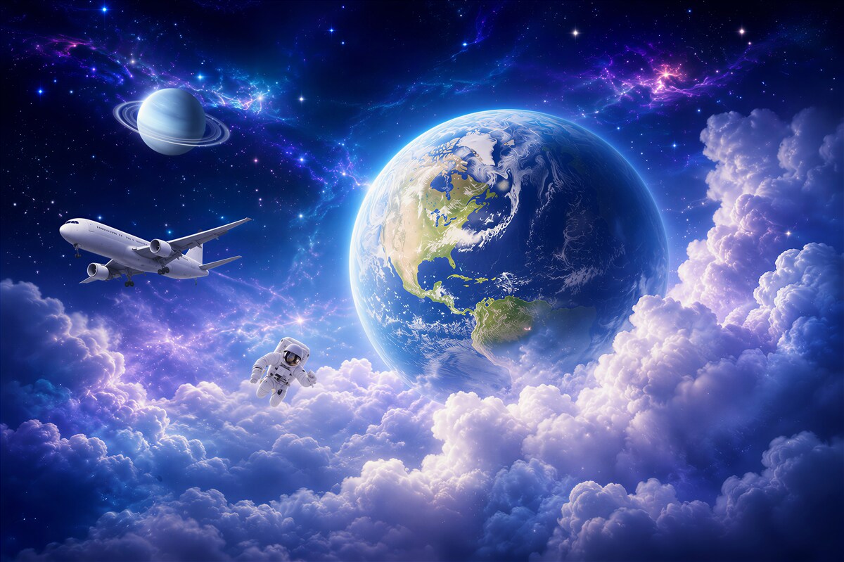 Fototapeten Flugzeug und Astronaut im Weltraum