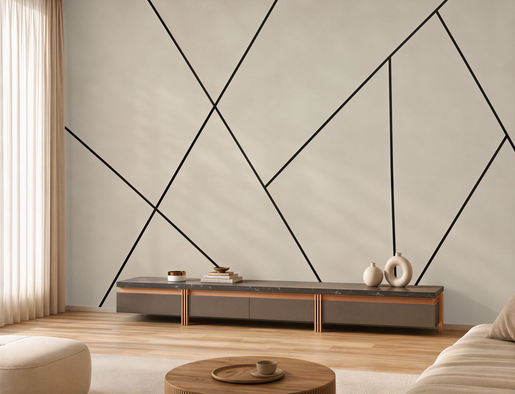 Fototapeten offener Wand und schwarze gerade Linien
