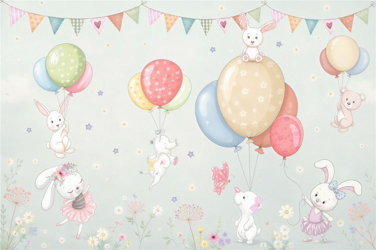 Fototapeten Kleine Hasen und Bären mit Ballons