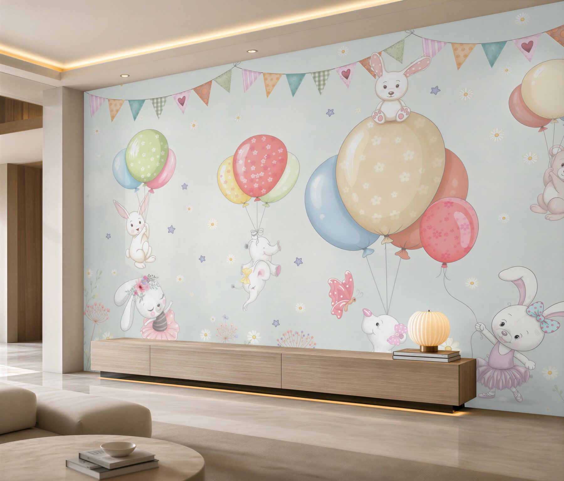 Fototapeten Kleine Hasen und Bären mit Ballons