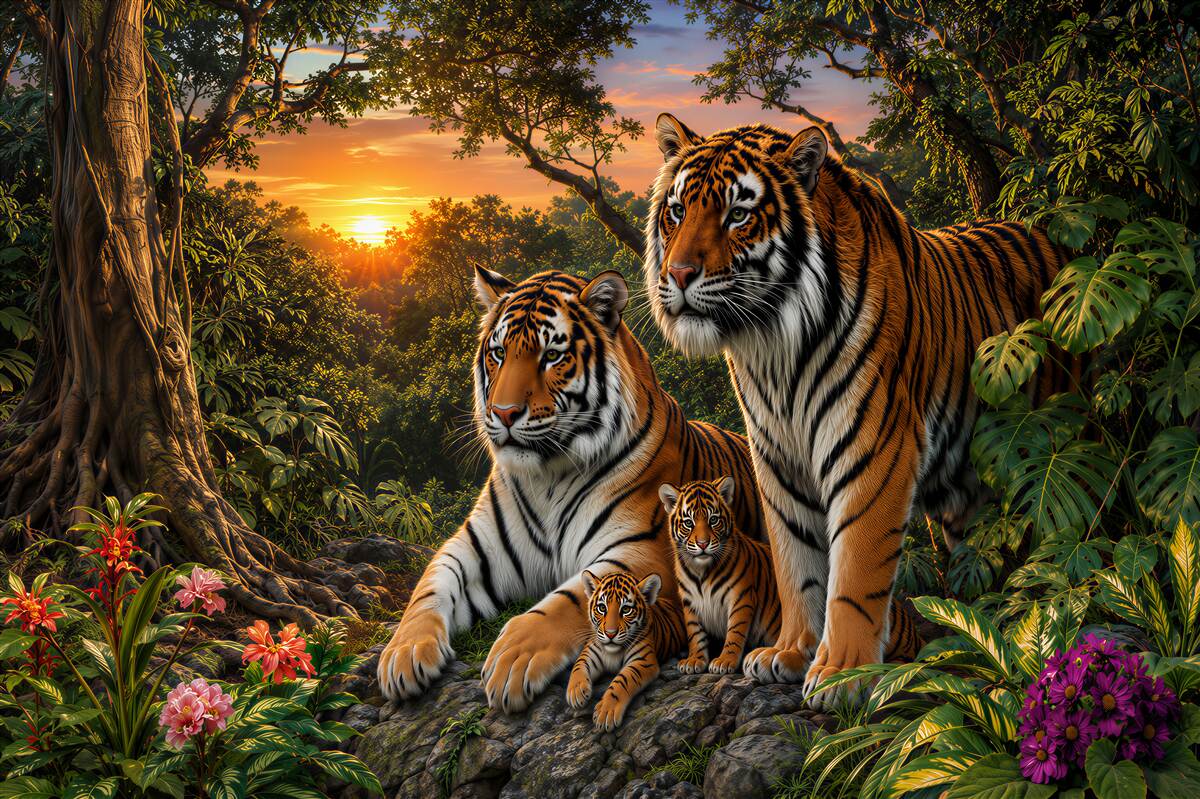 Fototapeten Tigerfamilie im Dschungel