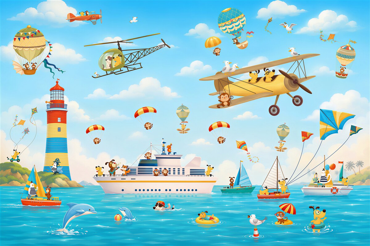 Fototapeten fliegende und schwimmende verschiedene Transportmittel
