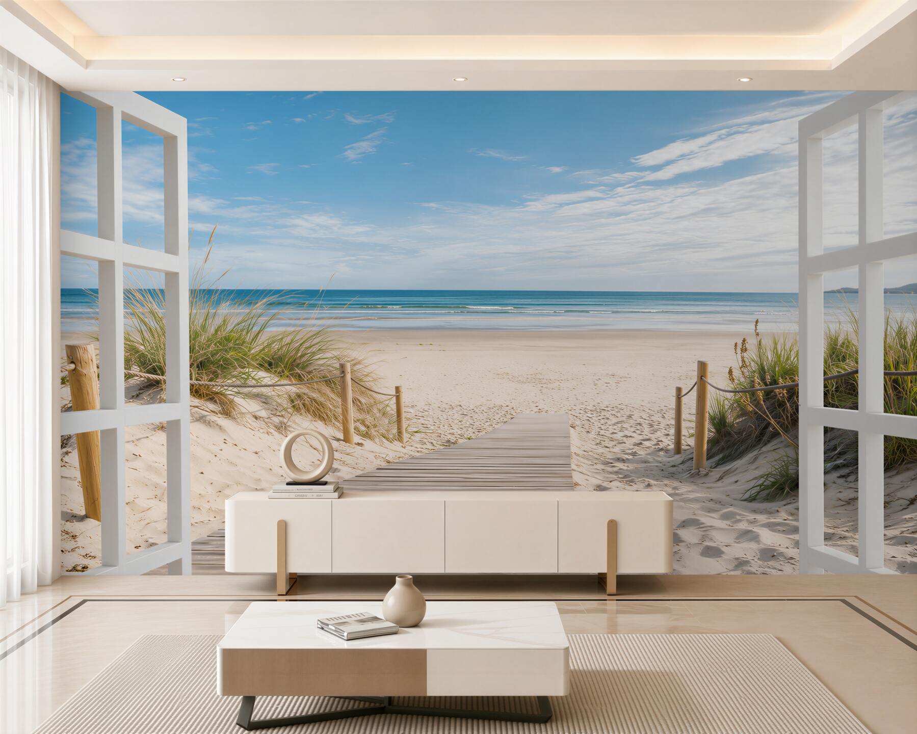 Fototapeten offenes Fenster mit Blick auf den Ozean und den Strand