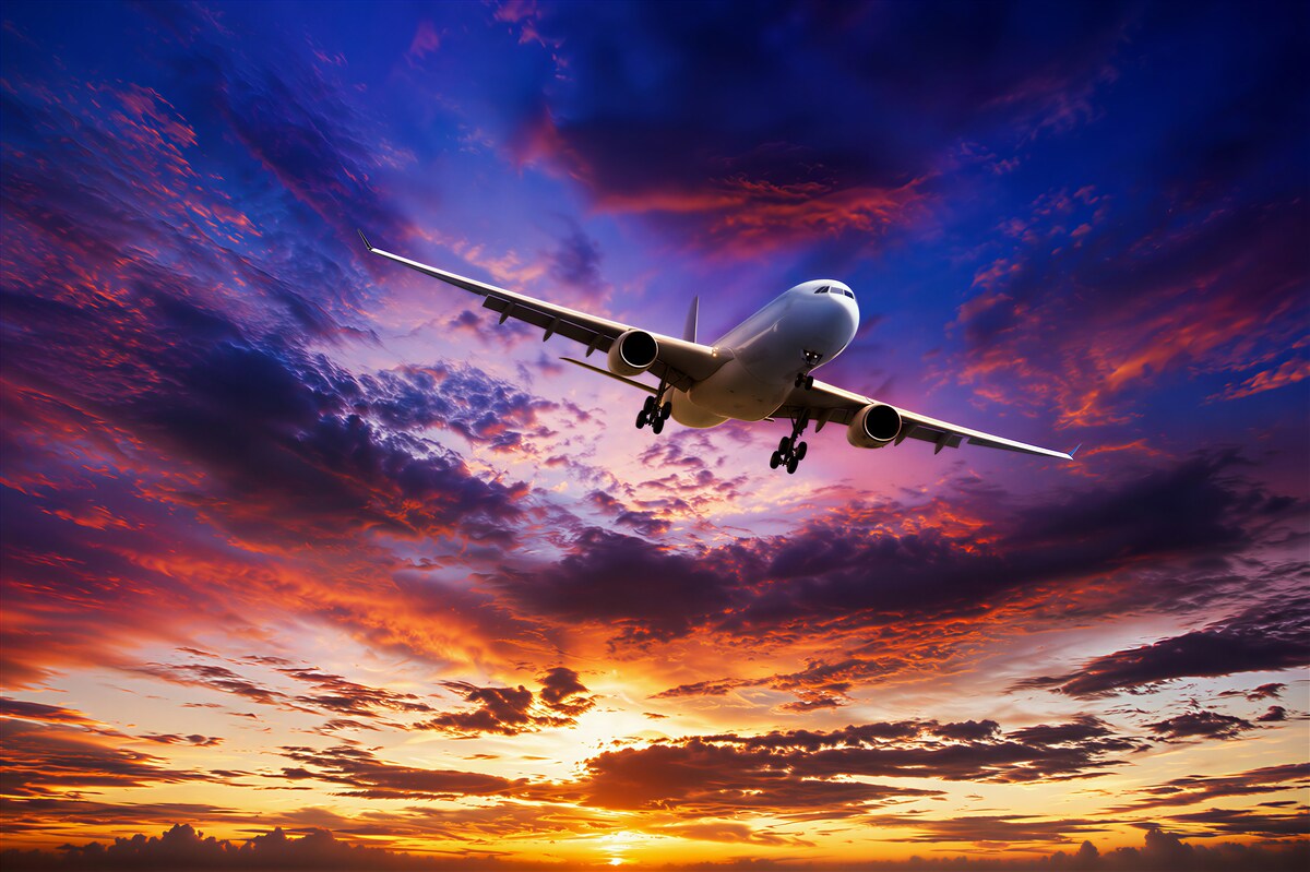 Fototapeten fliegendes Flugzeug vor einem Sonnenuntergangshimmel