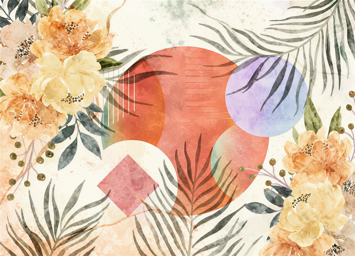 Fototapeten Hintergrund mit Blättern, Blumen und geometrischen Formen