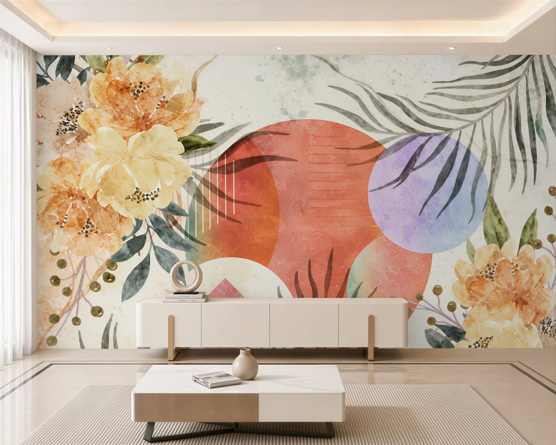 Fototapeten Hintergrund mit Blättern, Blumen und geometrischen Formen