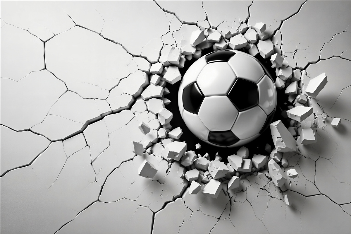 Fototapeten Ein Fußball durchbricht eine Wand