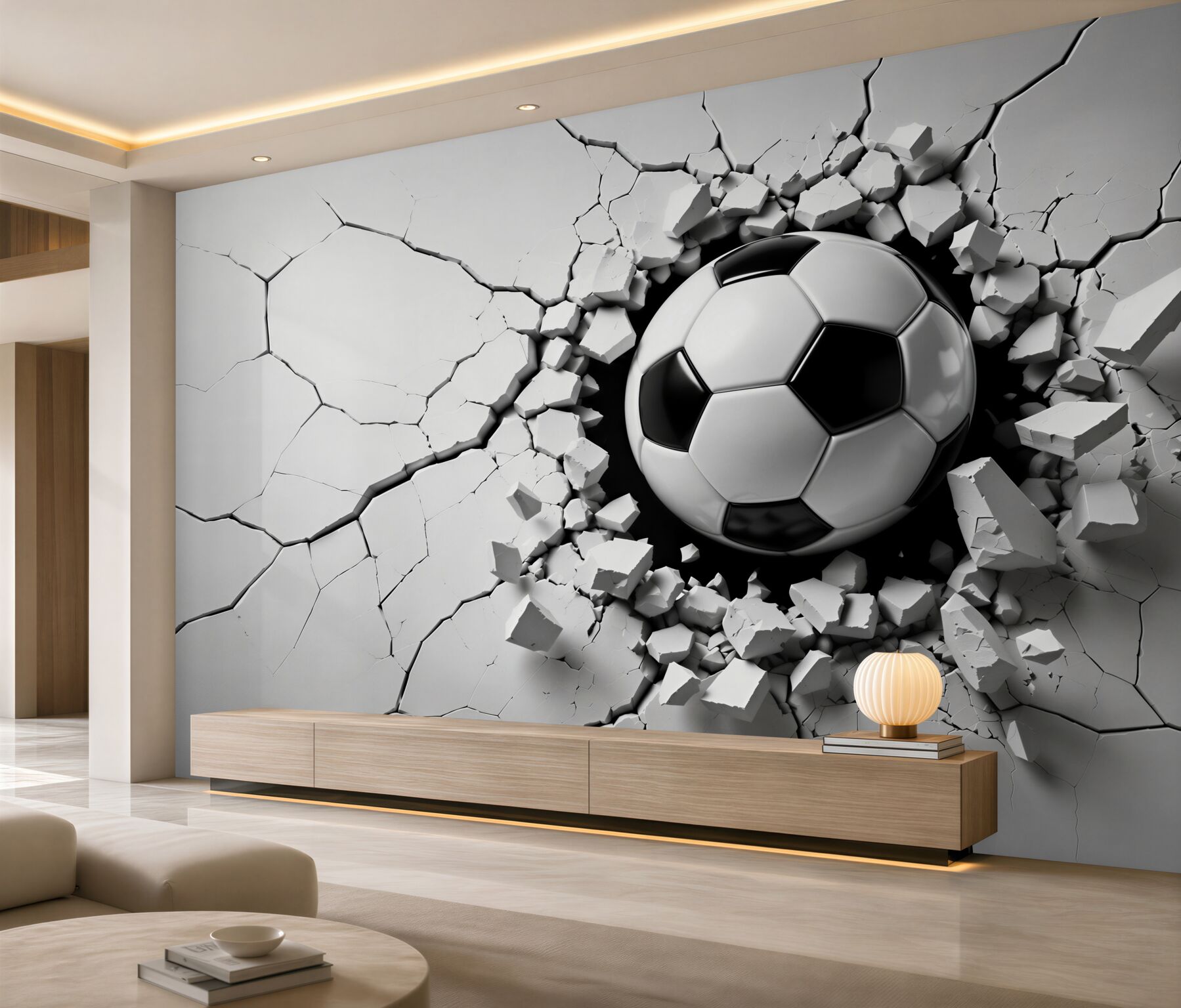 Fototapeten Ein Fußball durchbricht eine Wand