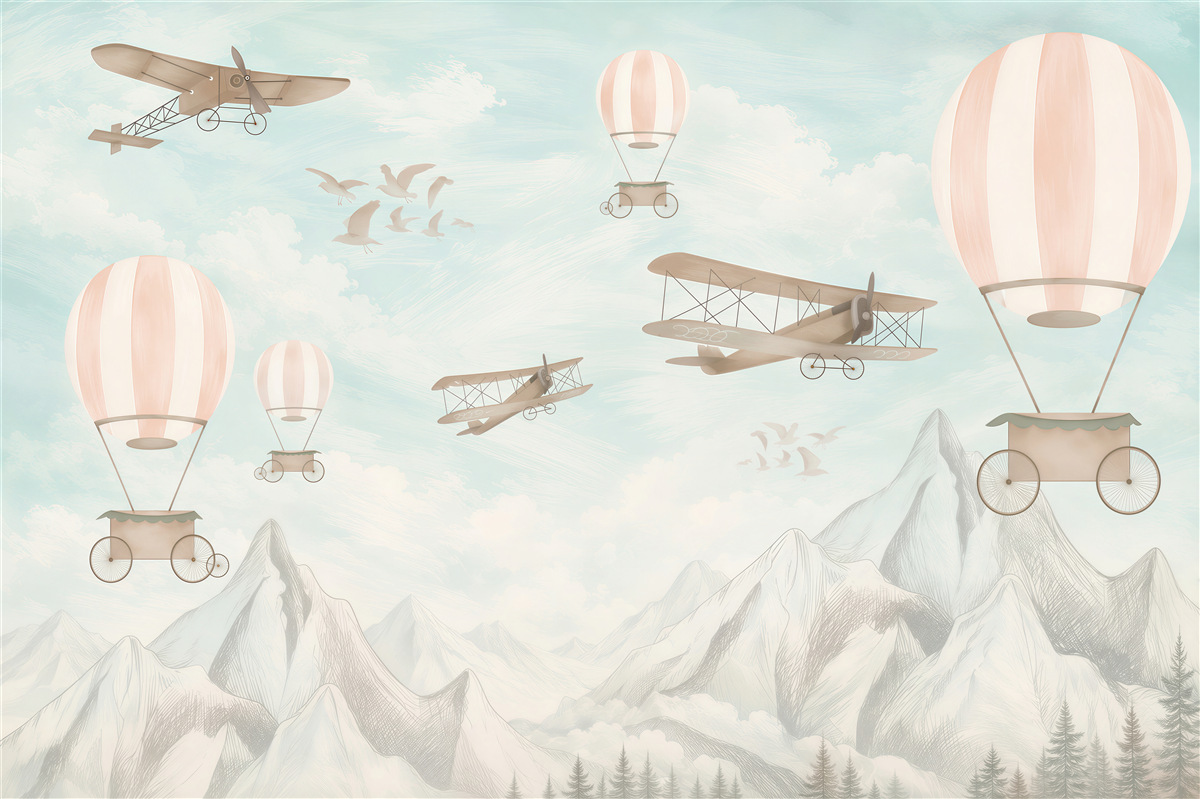 Fototapeten Flugzeuge und Ballons fliegen über die Berge