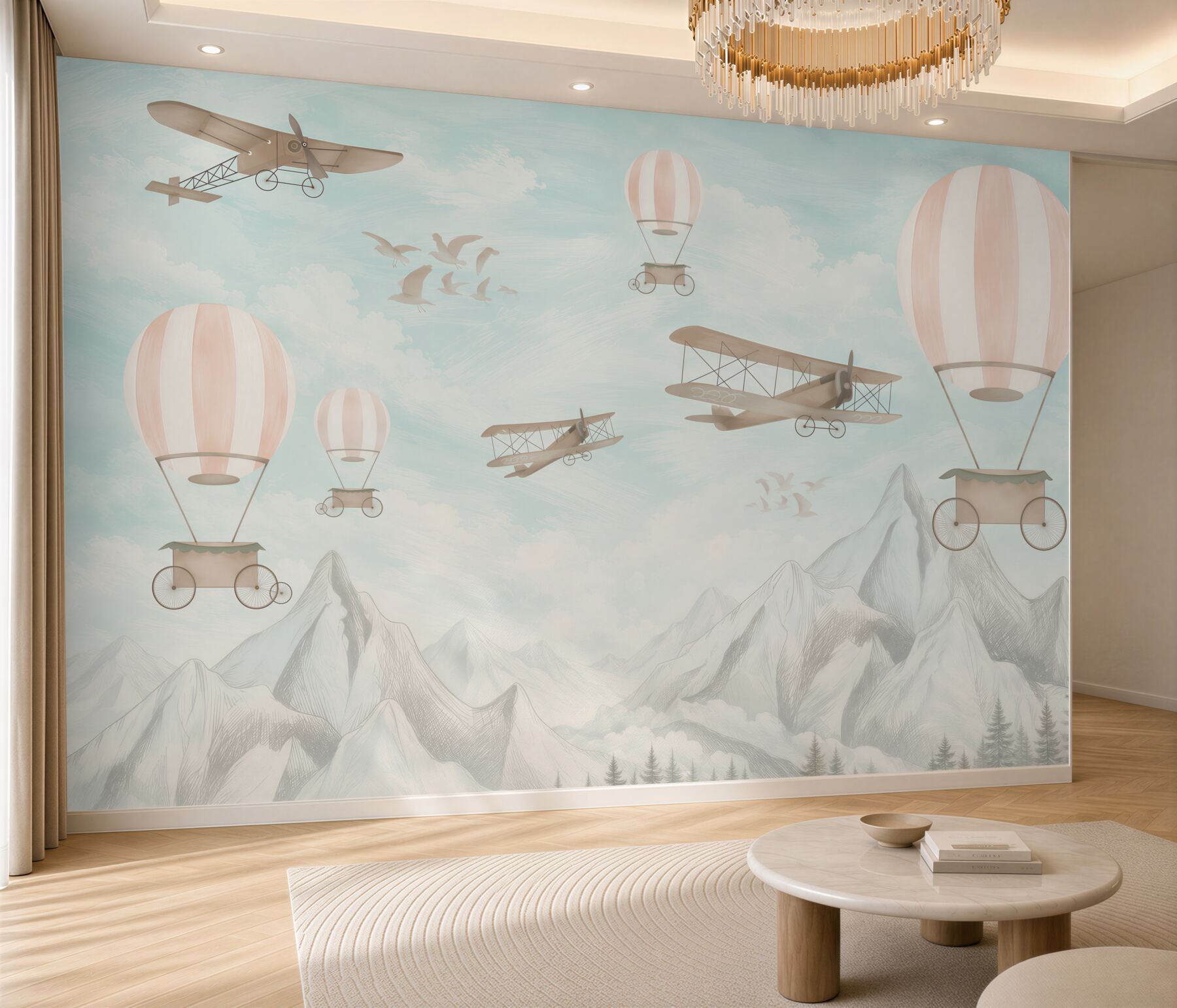 Fototapeten Flugzeuge und Ballons fliegen über die Berge