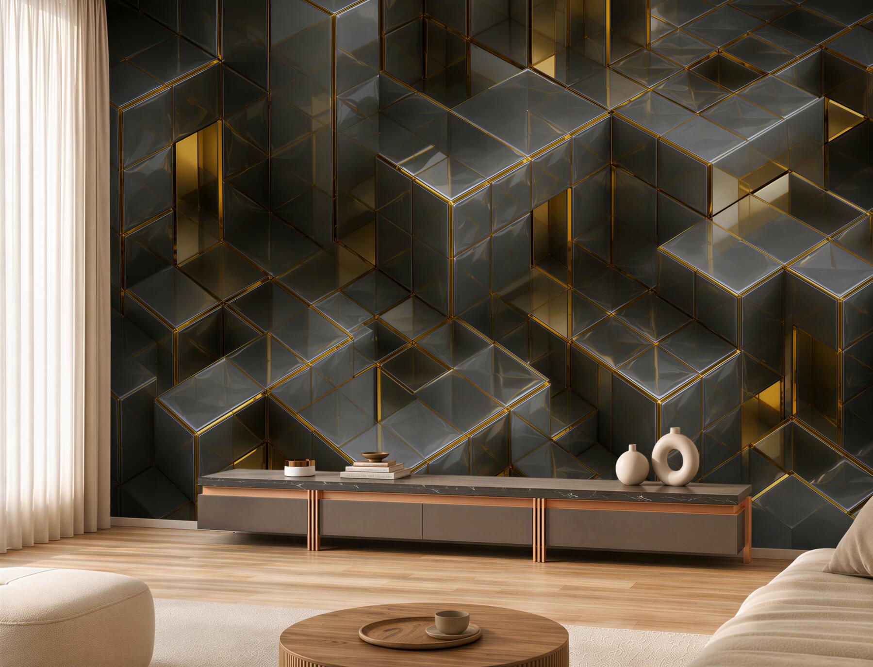Fototapeten 3D volumetrische Würfel mit goldenen Einsätzen