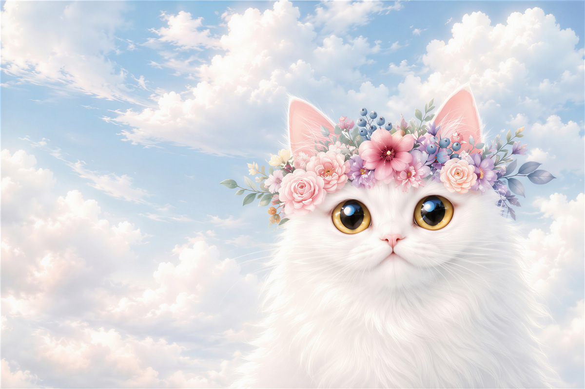 Fototapeten Katze in Blumen vor Wolken