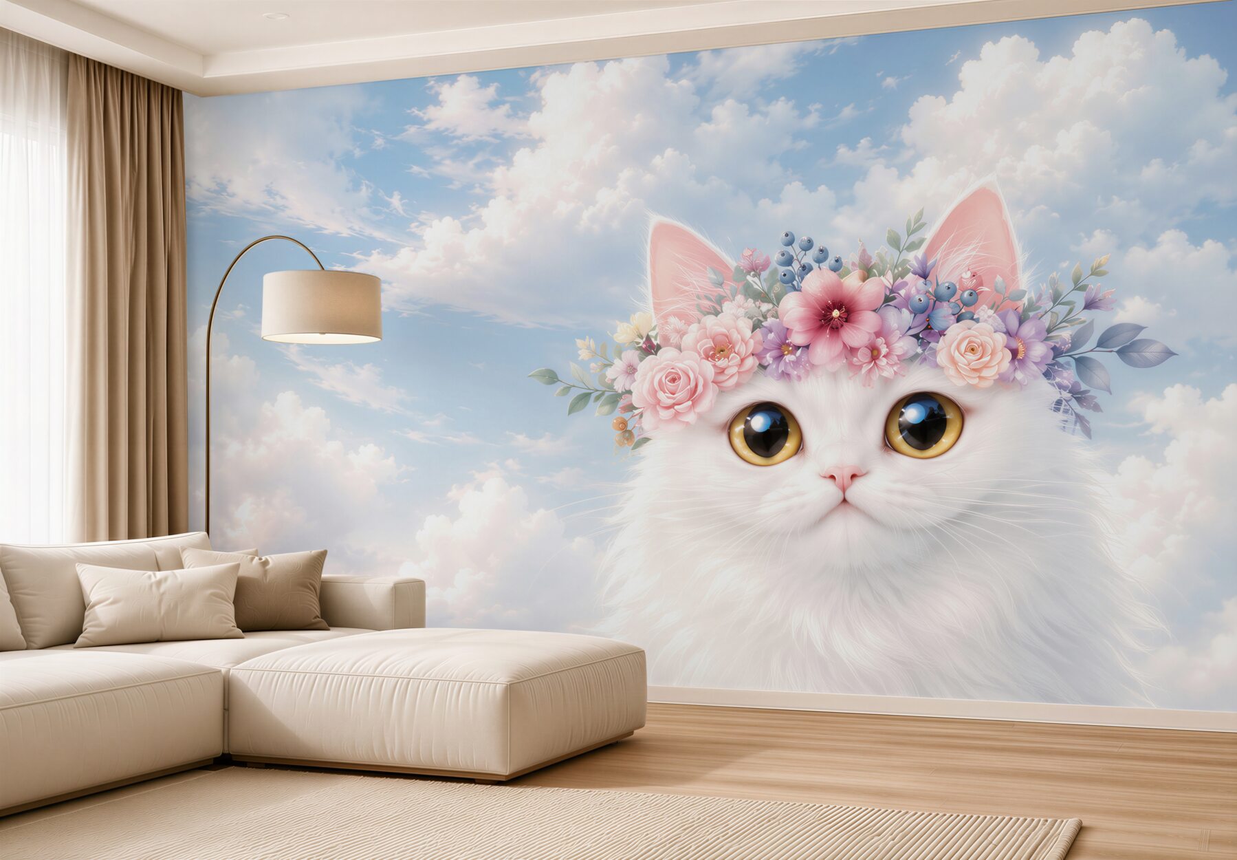 Fototapeten Katze in Blumen vor Wolken