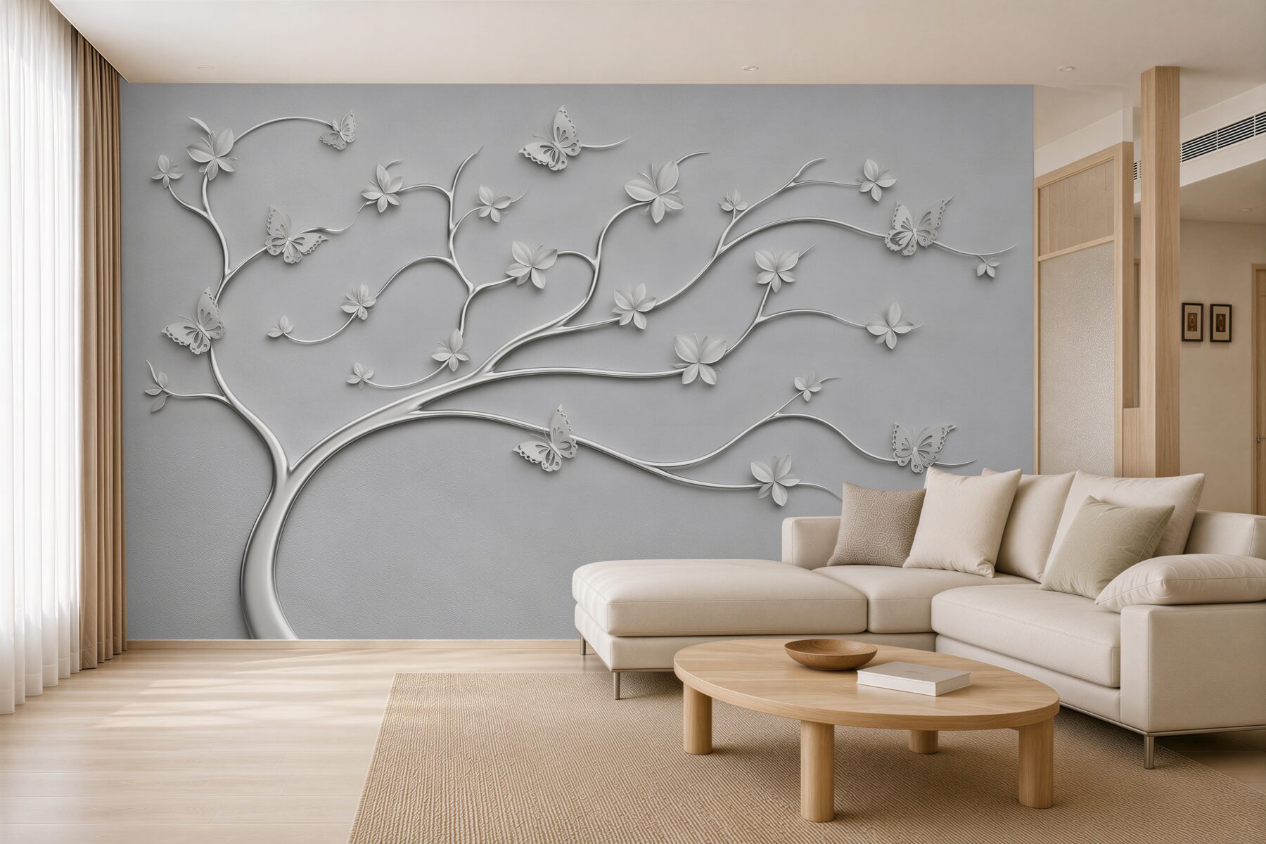 Fototapeten Schlanker Baum mit metallischen Blumen