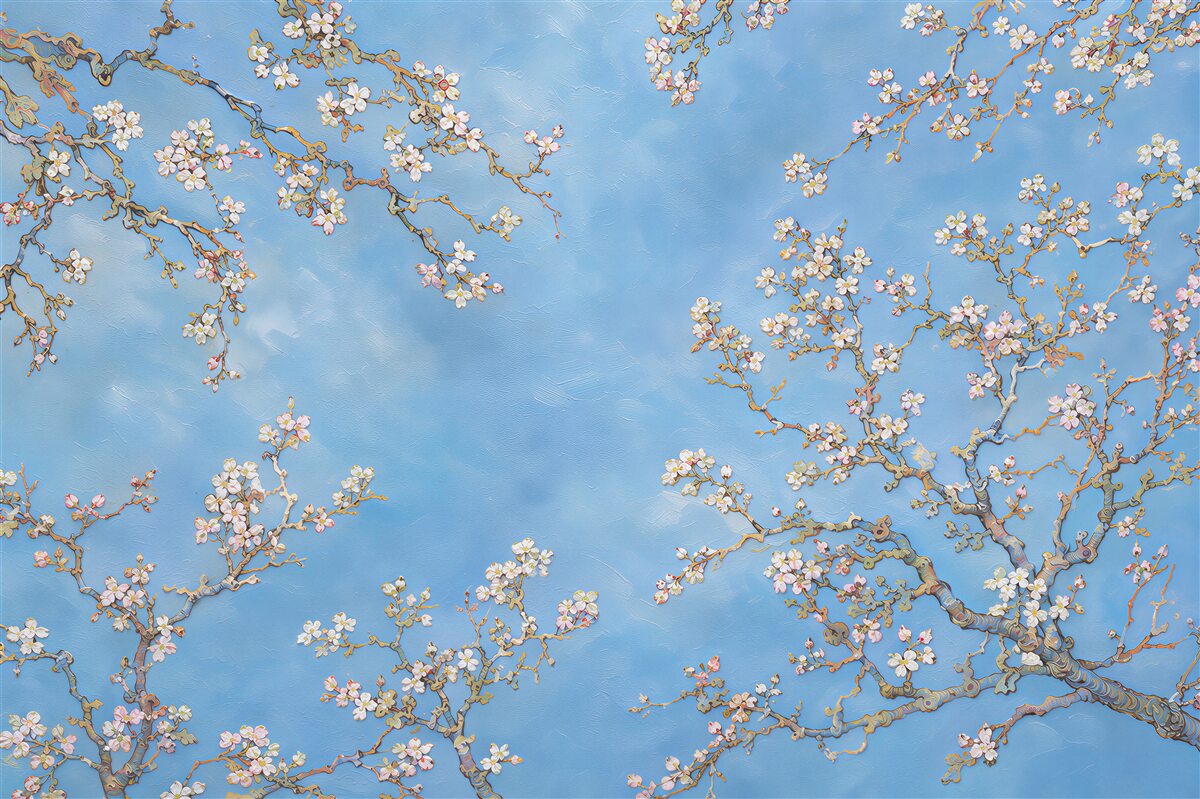 Fototapeten blühende Magnolienzweige auf blauem Hintergrund