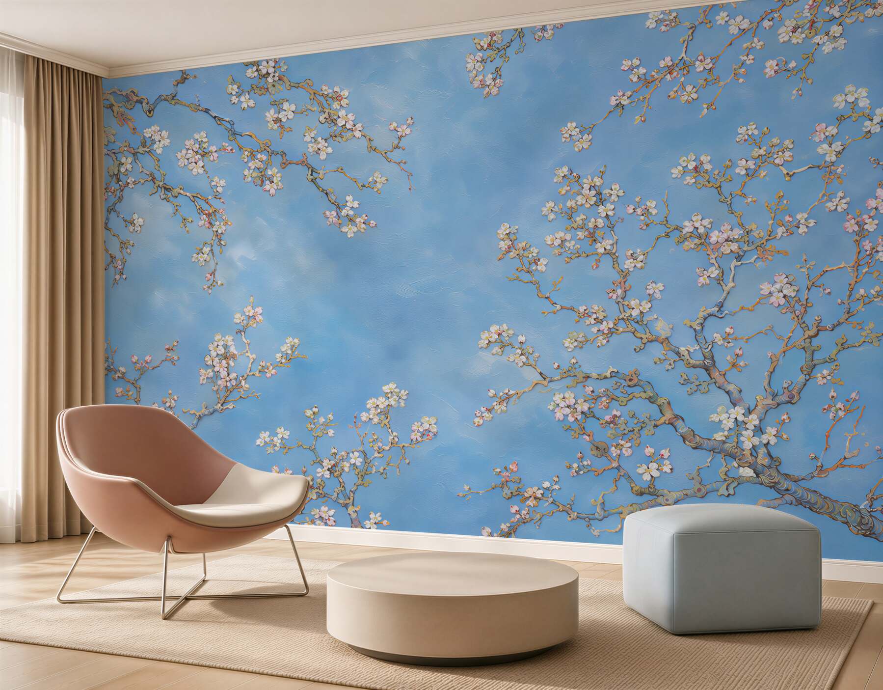 Fototapeten blühende Magnolienzweige auf blauem Hintergrund