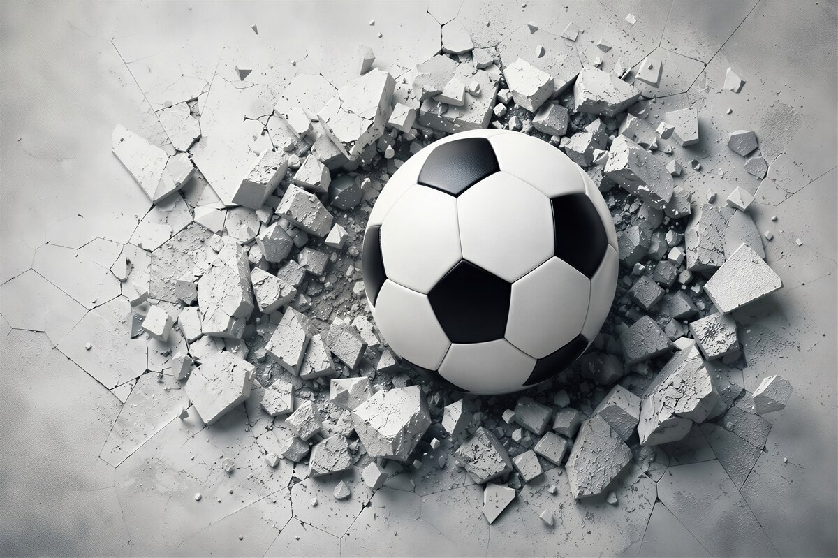 Fototapeten Fußball, der die Wand dynamisch 3D durchbricht