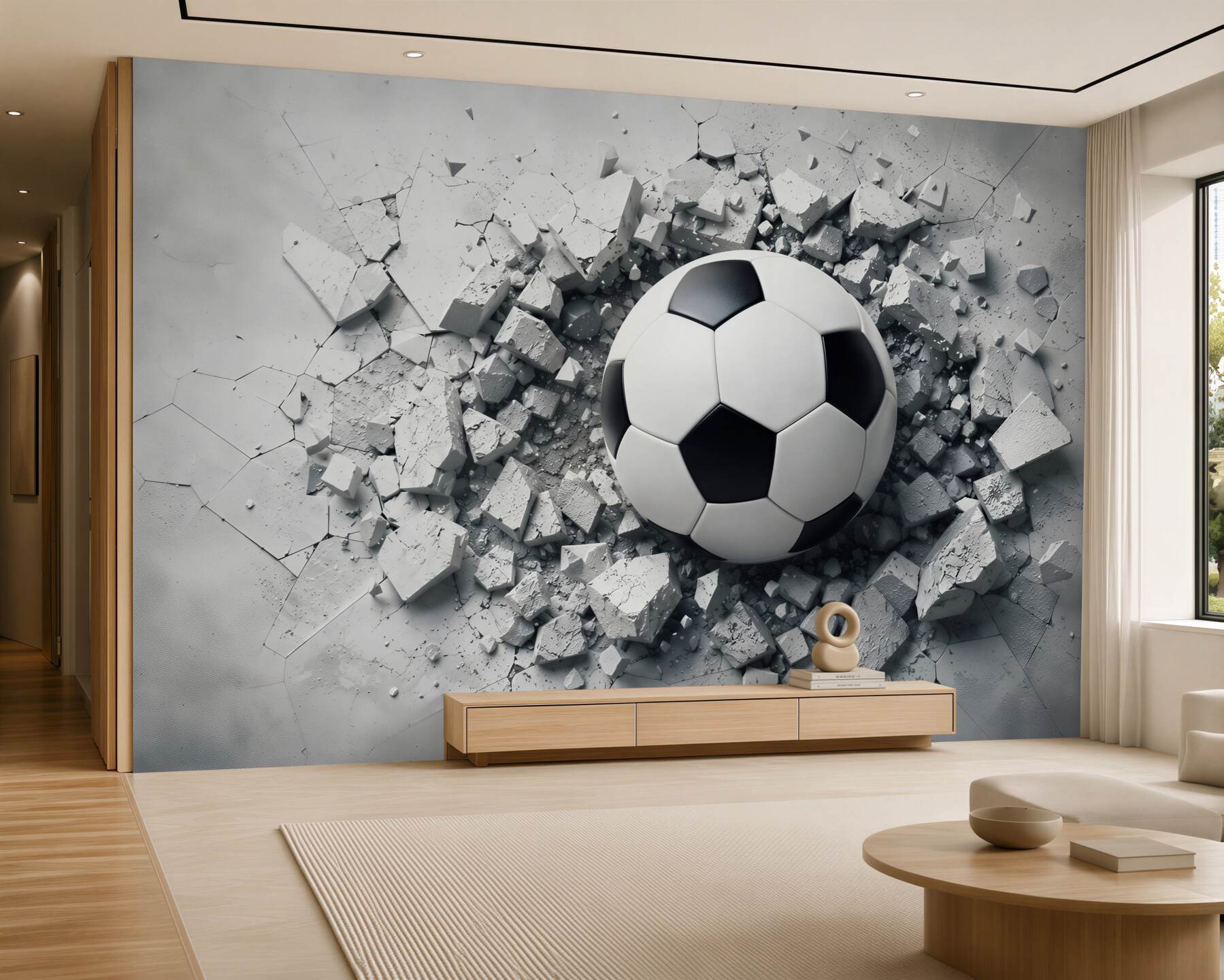 Fototapeten Fußball, der die Wand dynamisch 3D durchbricht