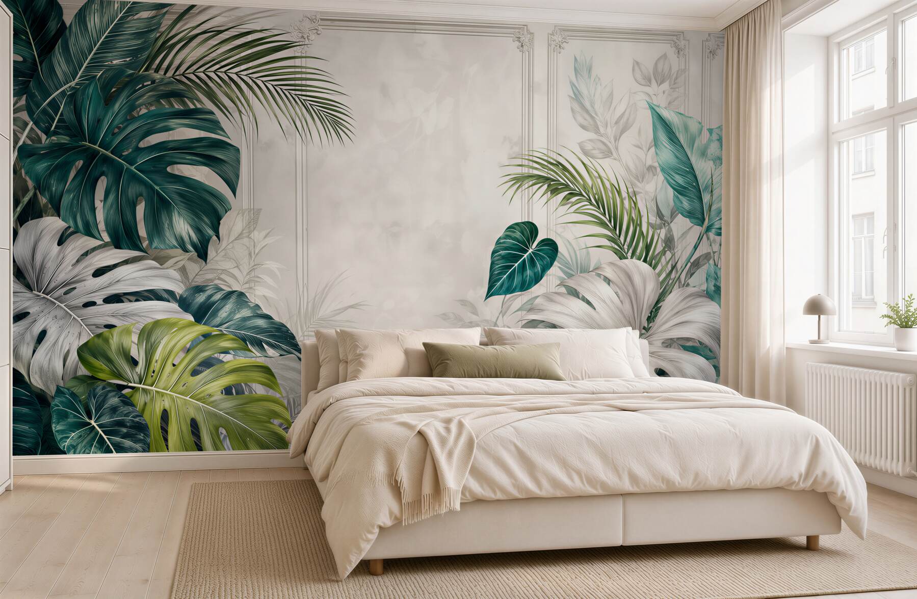 Fototapeten elegante beige-grüne tropische Blätter für das Wohnzimmer