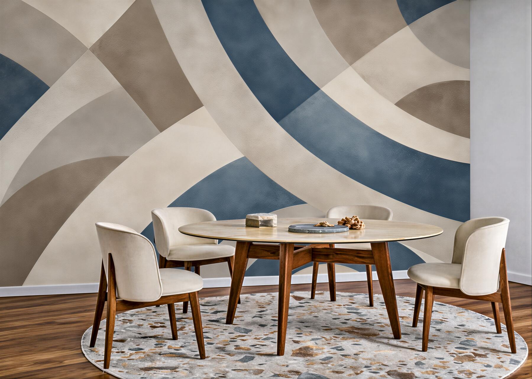 Fototapeten abstrakte Wellen in Beige und Blau modern für das Wohnzimmer