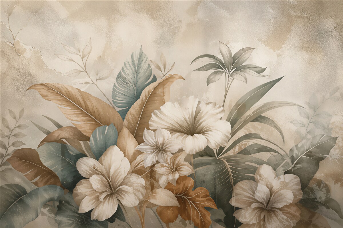 Fototapeten Blumen und Blätter in Beige und Grün elegant