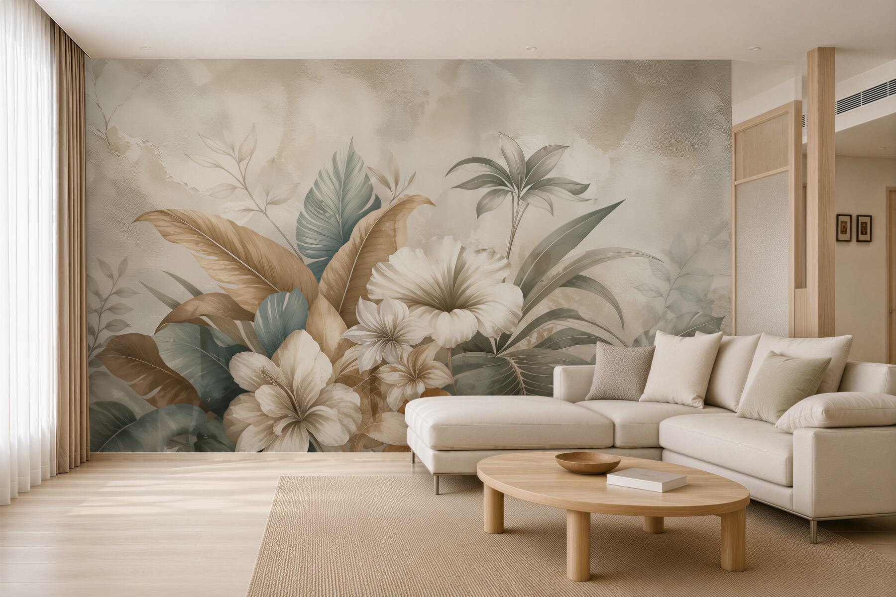 Fototapeten Blumen und Blätter in Beige und Grün elegant