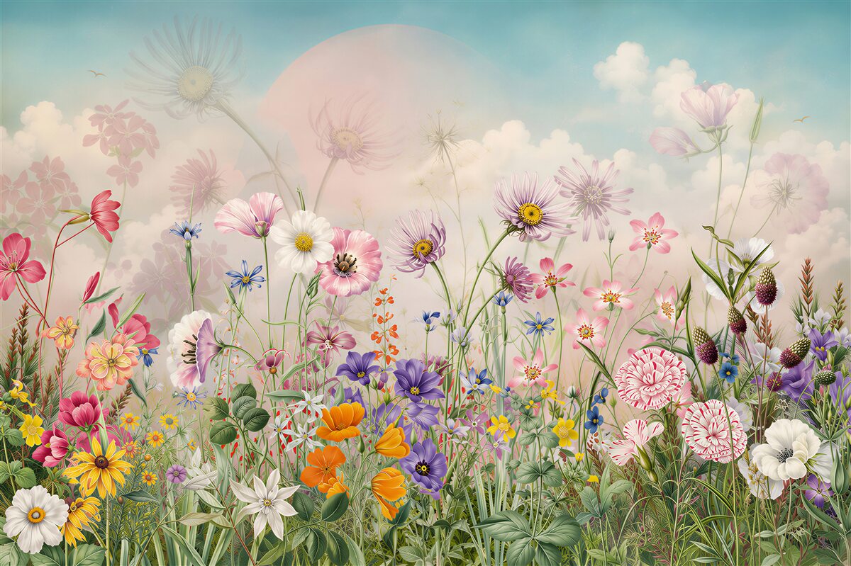 Fototapeten pastellfarbene Wiesenblumen auf Wolkenhintergrund