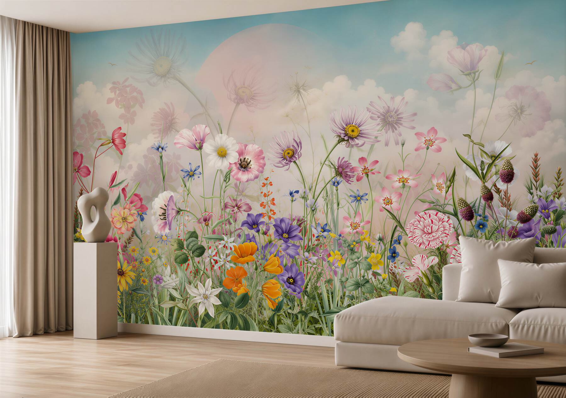 Fototapeten pastellfarbene Wiesenblumen auf Wolkenhintergrund