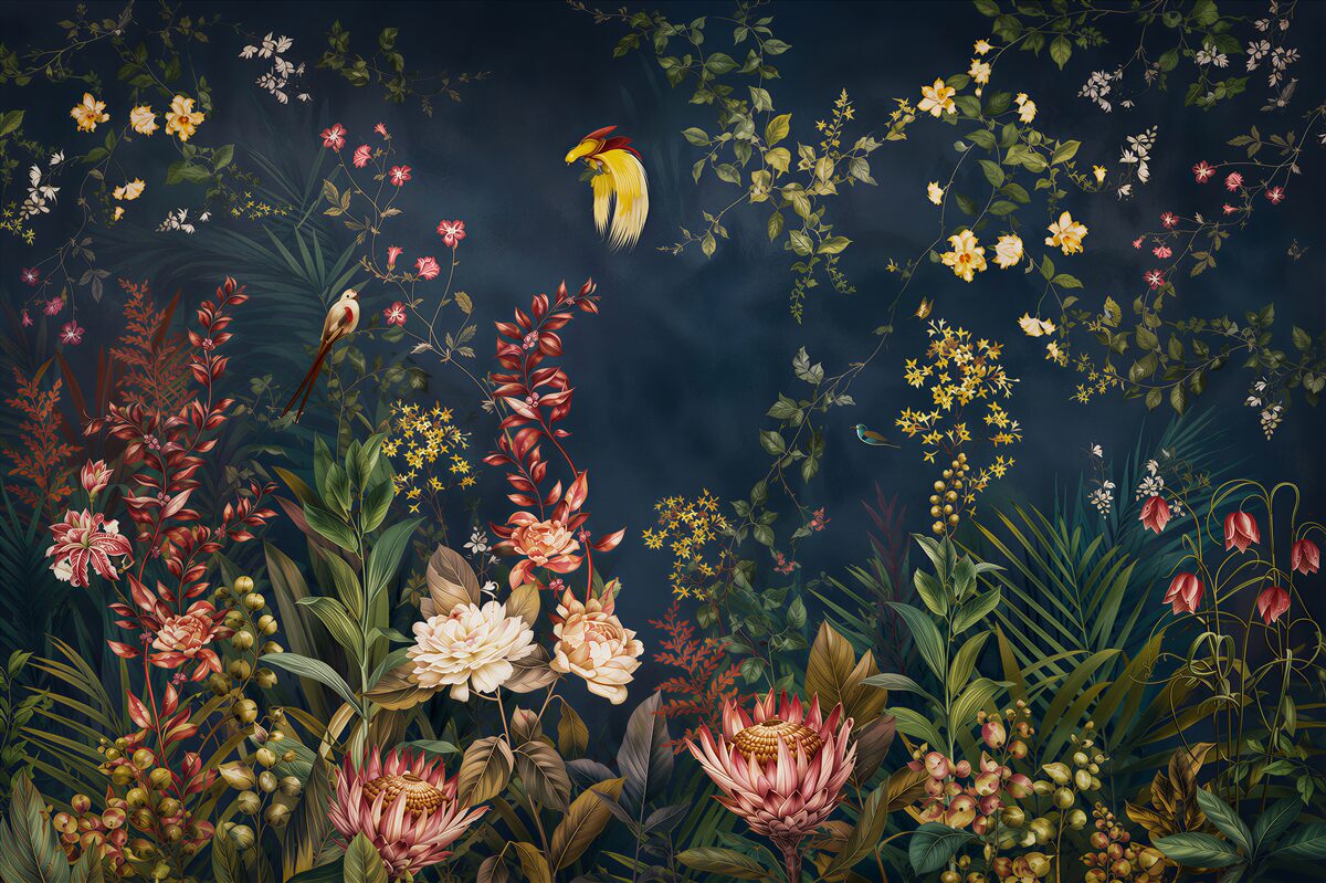 Fototapeten exotische Blumen und Vögel auf grünem botanischen Hintergrund