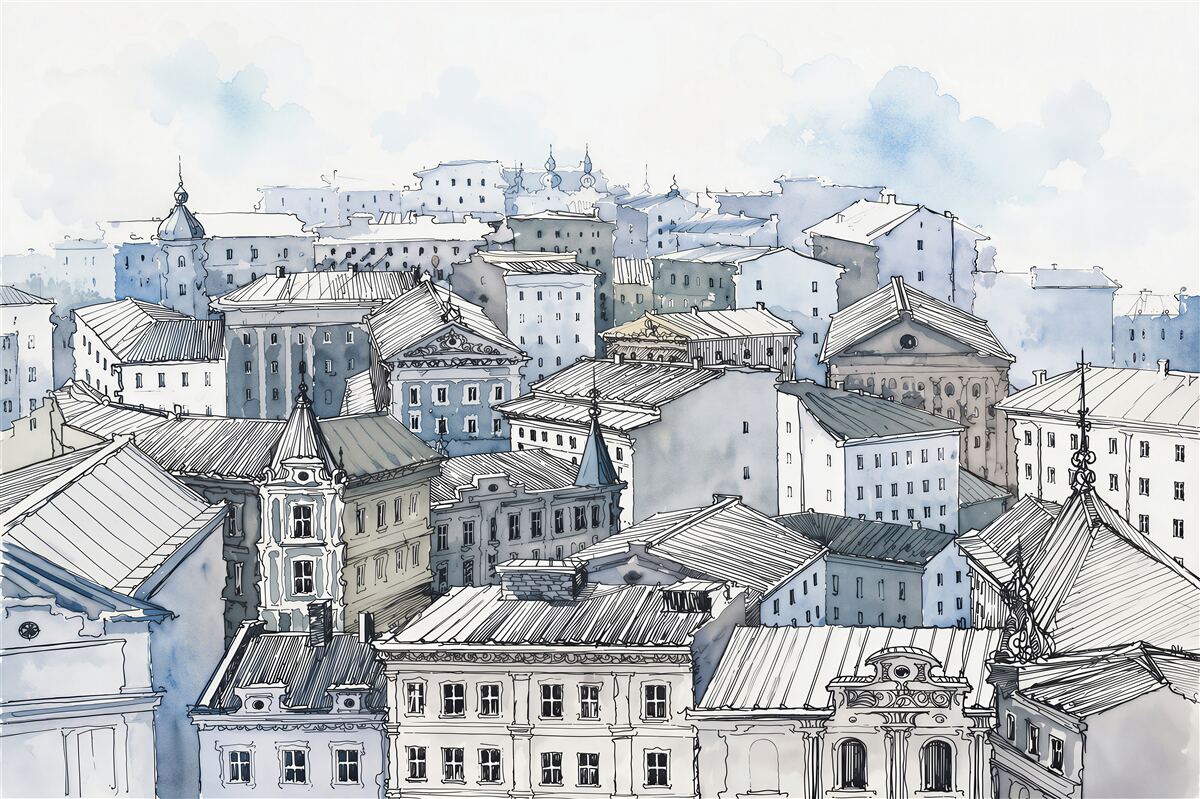 Fototapeten helle Dächer der alten Stadt im Nebel im Vintage-Stil