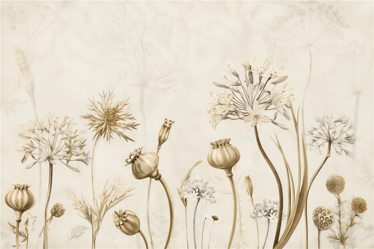 Fototapeten zarte Wildblumen und Mohnblumen auf hellem Hintergrund