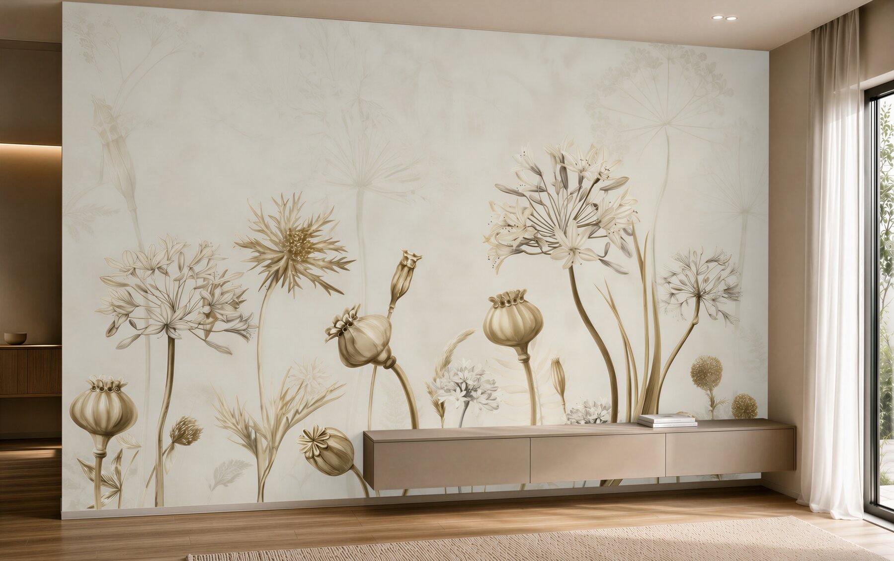 Fototapeten zarte Wildblumen und Mohnblumen auf hellem Hintergrund