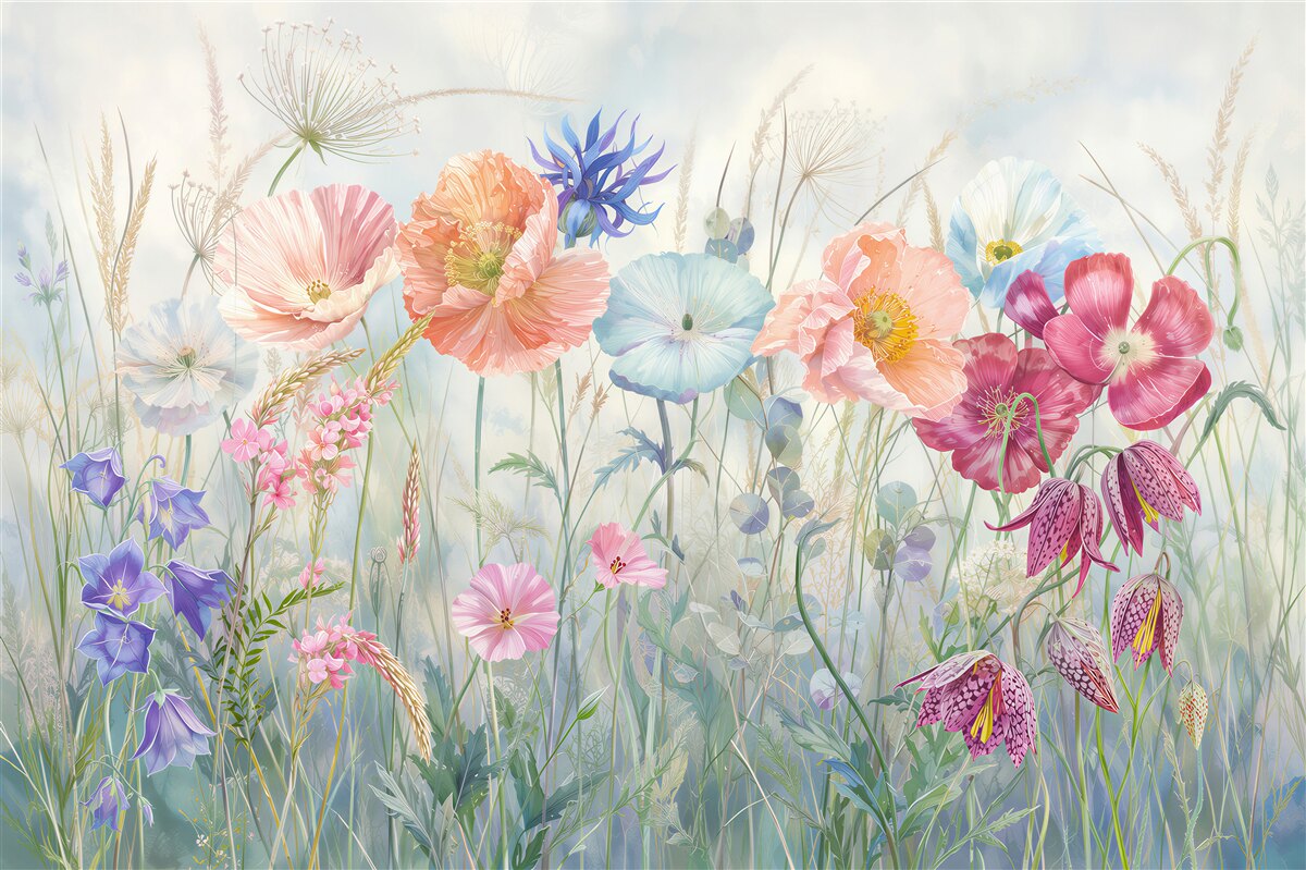 Fototapeten pastellfarbene Wildblumen auf einer zarten romantischen Wiese