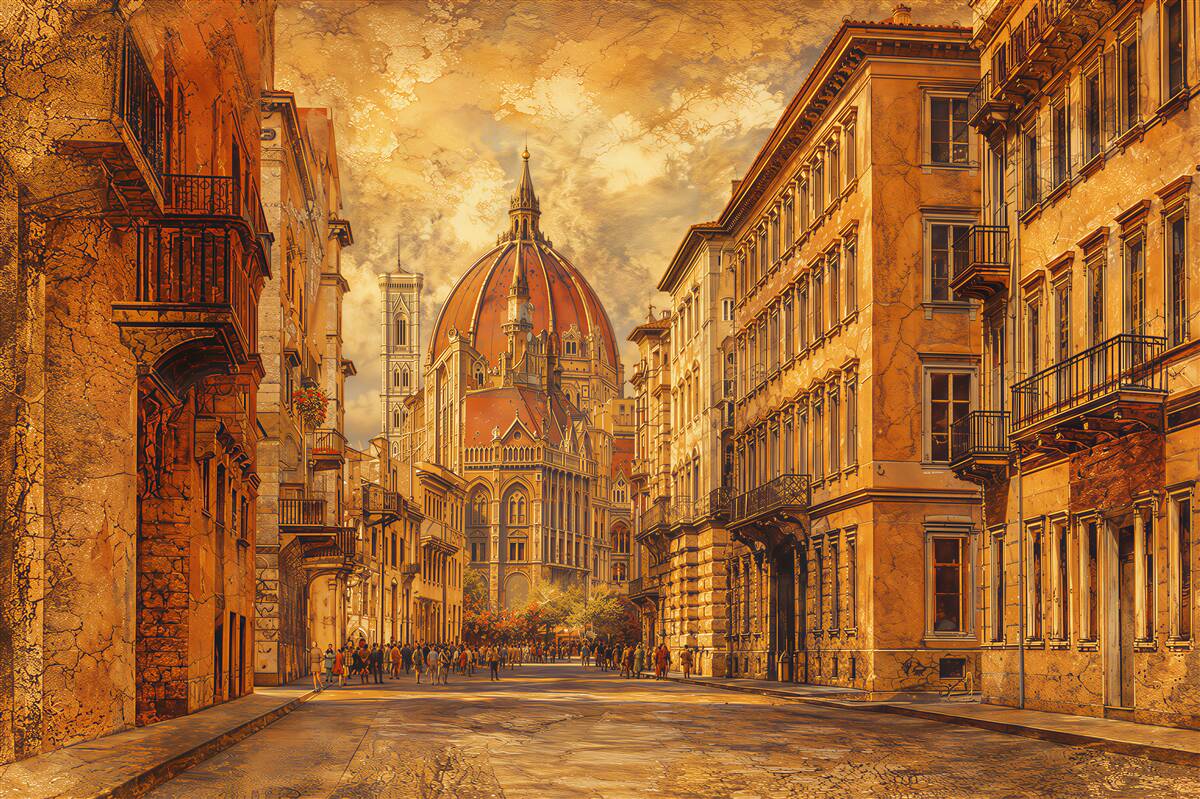 Fototapeten Straße von Florenz mit Kathedrale in warmen Beigetönen