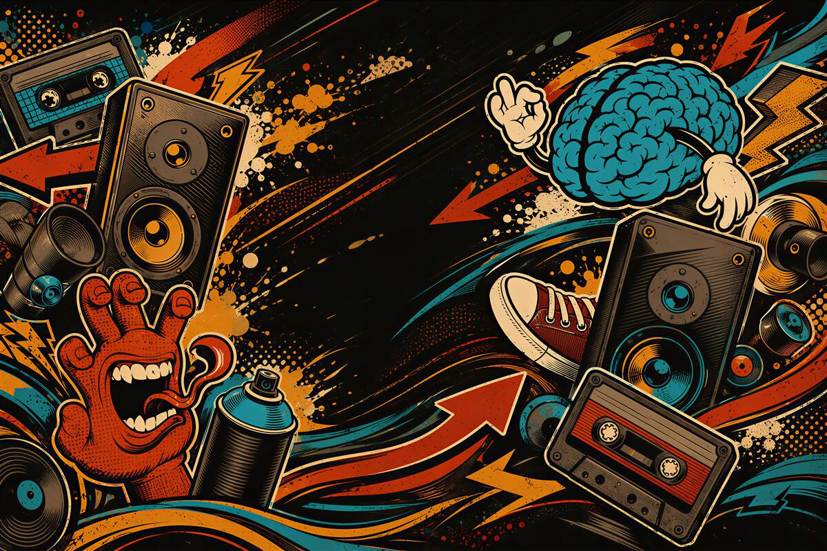 Fototapeten musikalisches Collage Street Art mit Lautsprechern und Graffiti