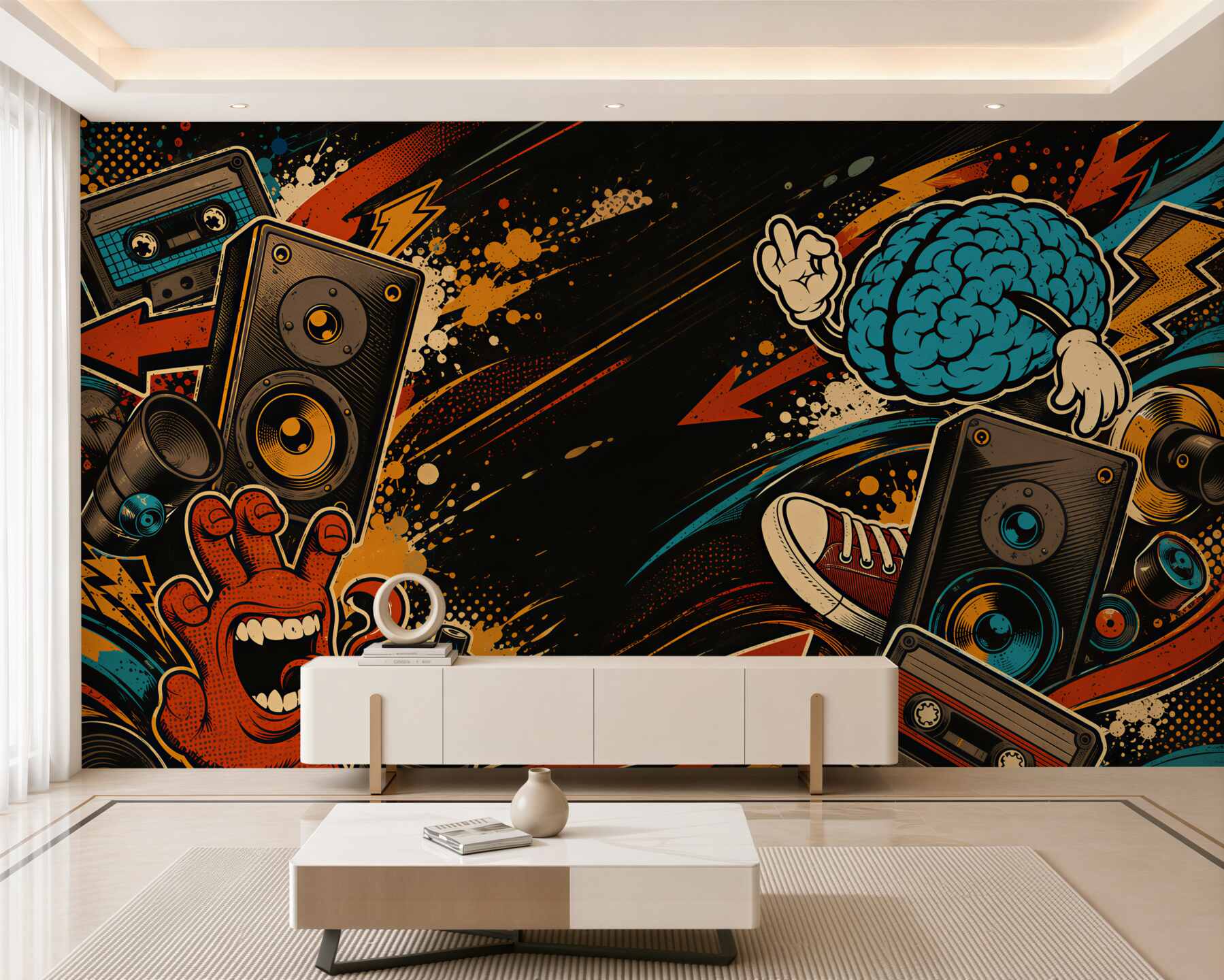 Fototapeten musikalisches Collage Street Art mit Lautsprechern und Graffiti
