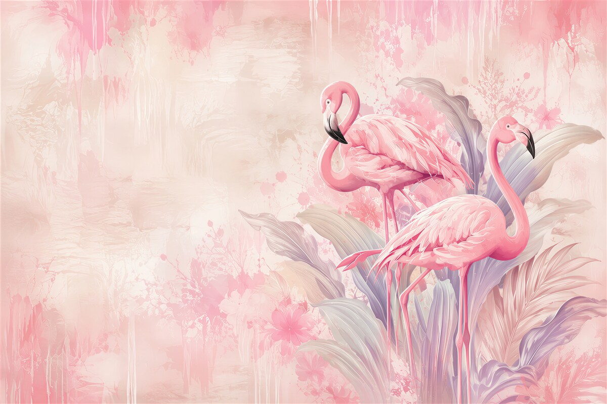 Fototapeten rosa Flamingos in pastellfarbenen tropischen Blättern