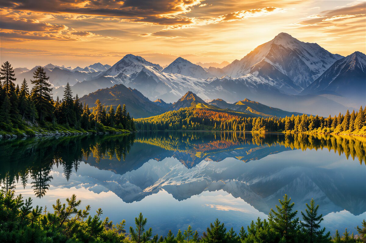 Fototapeten Berge über dem See bei Sonnenaufgang ruhige Landschaft