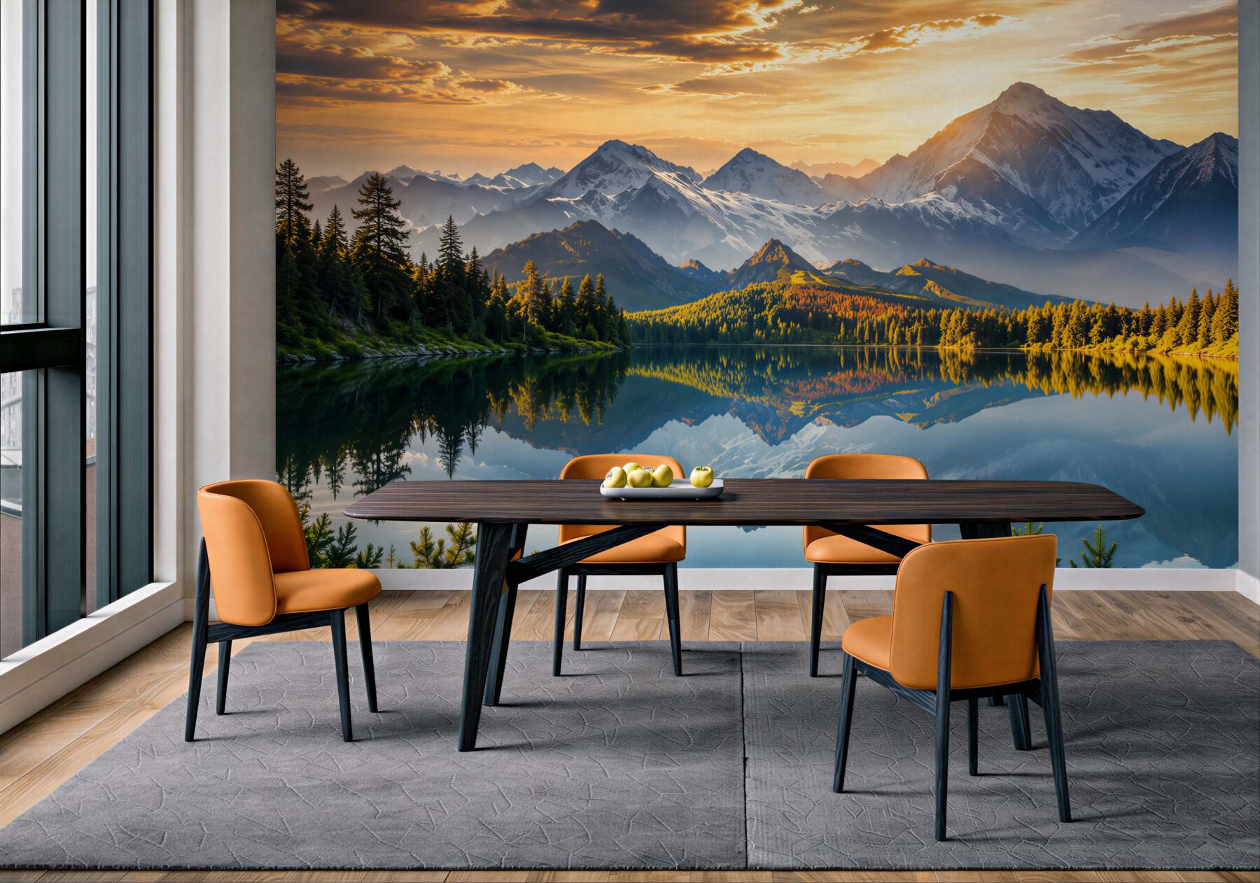 Fototapeten Berge über dem See bei Sonnenaufgang ruhige Landschaft