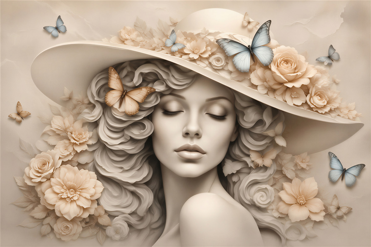Fototapeten Frau mit Hut und Blumen romantisch beige