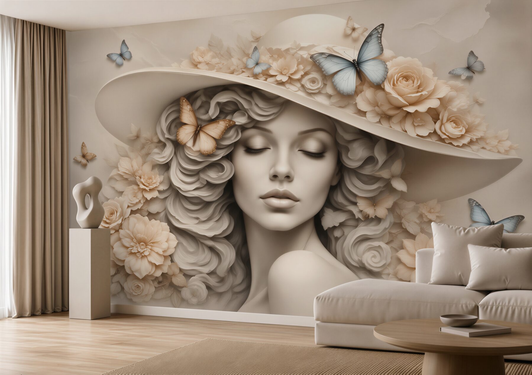 Fototapeten Frau mit Hut und Blumen romantisch beige