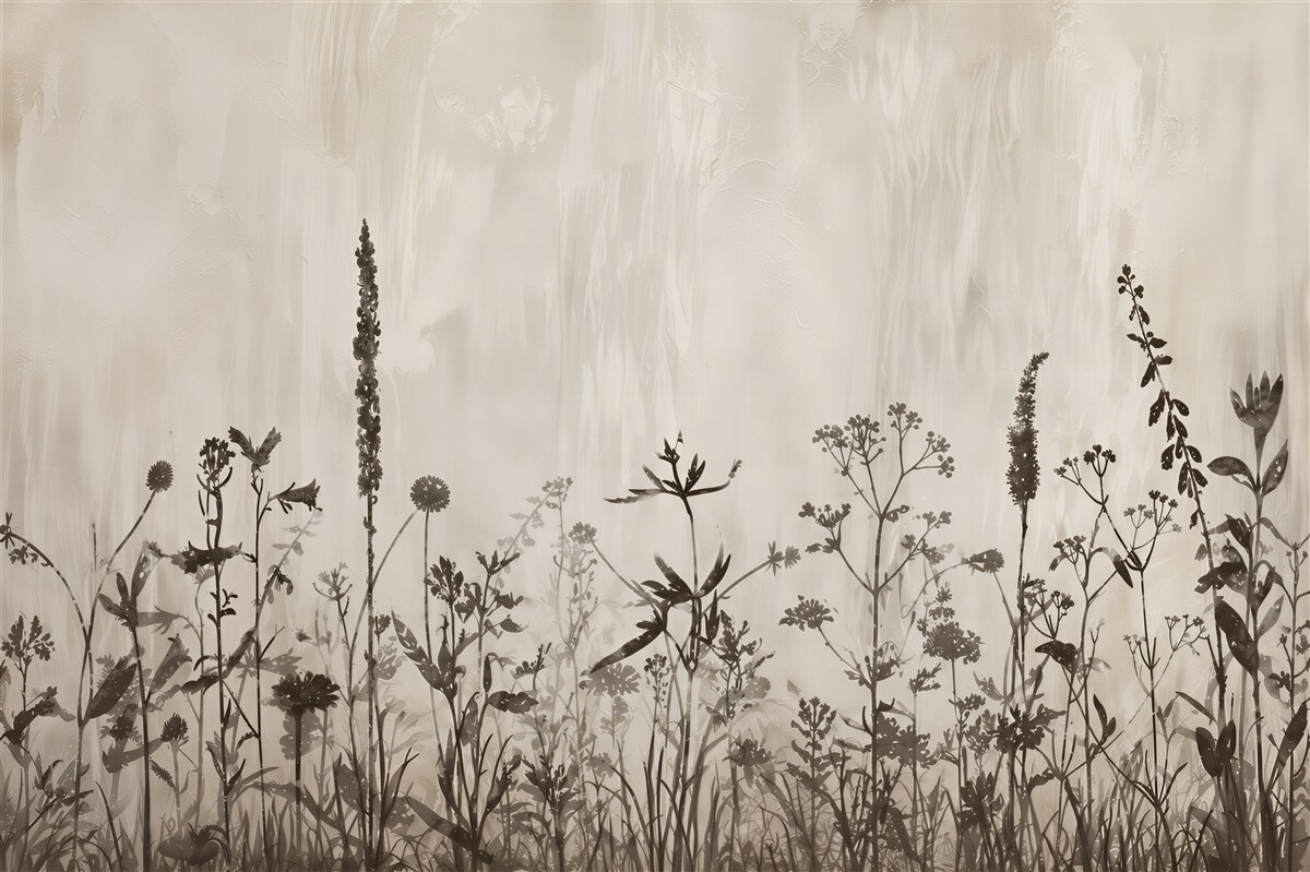 Fototapeten Wiesenblumen beige subtil Wiese auf hellem Hintergrund