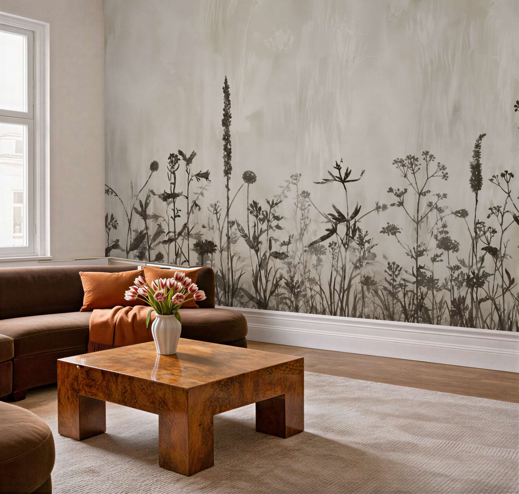 Fototapeten Wiesenblumen beige subtil Wiese auf hellem Hintergrund