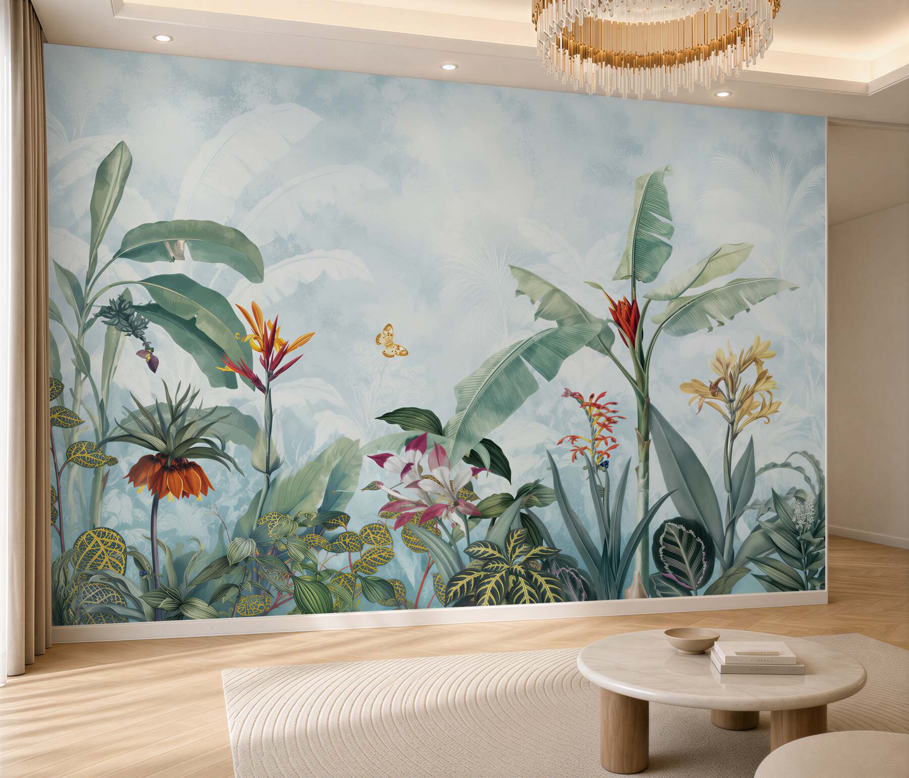 Fototapeten tropische Pflanzen und Blumen auf hellem exotischen Hintergrund