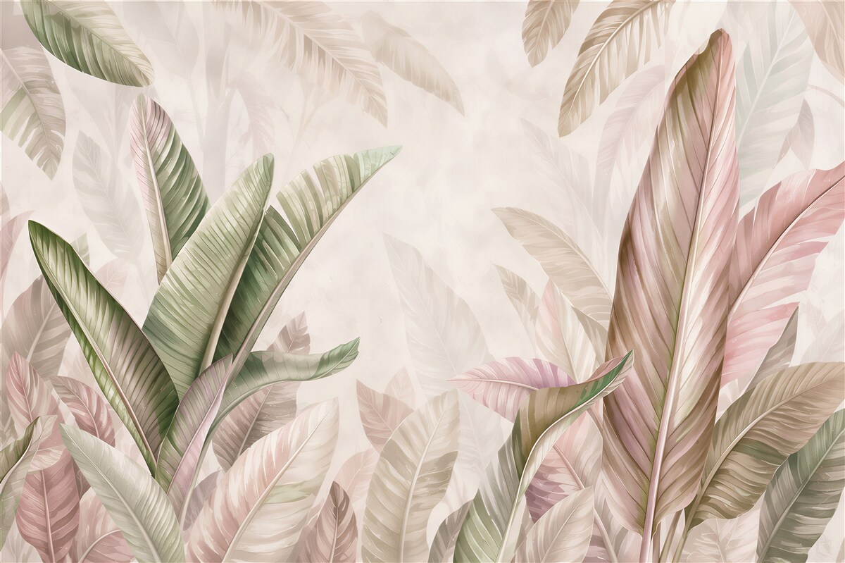 Fototapeten pastellfarbene tropische Blätter beige-grün für das Wohnzimmer