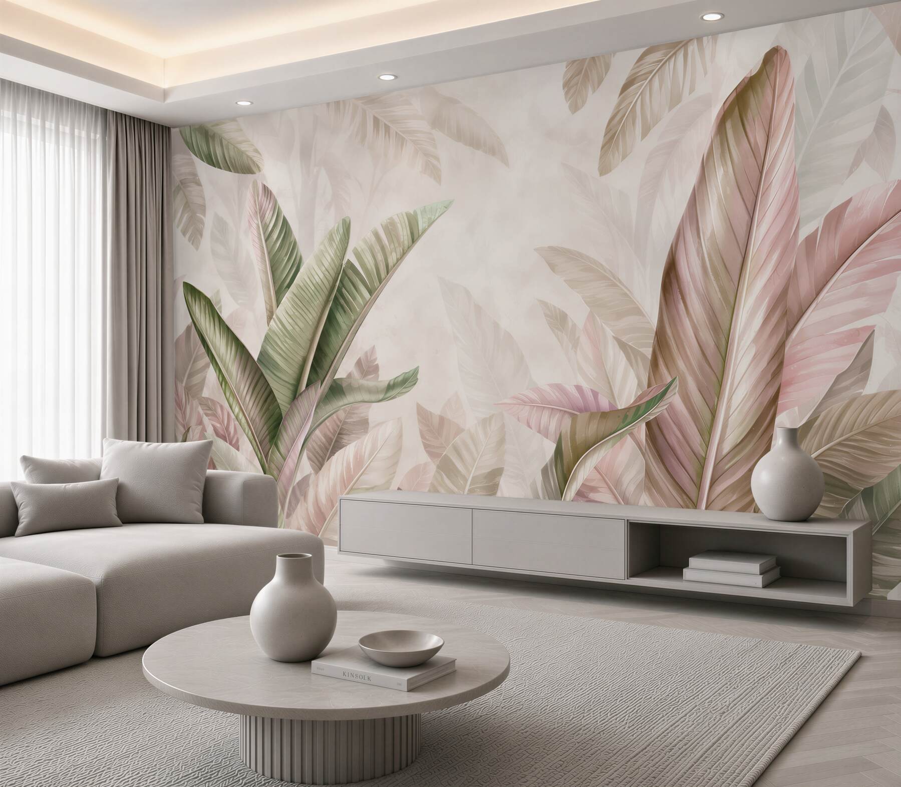 Fototapeten pastellfarbene tropische Blätter beige-grün für das Wohnzimmer